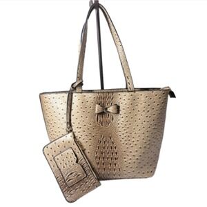 Deluxity Women's Handbag Ostrich Faux Leather Taupe/Brown 2-piece Set Tote Bag